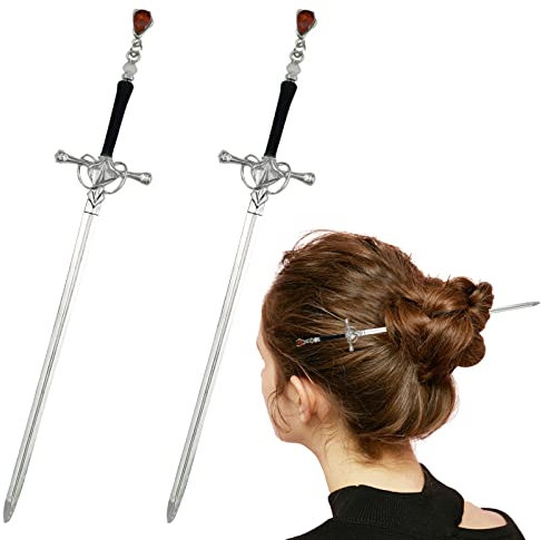 Confezione da 2 bastoncini per capelli con spada cinese, accessori per capelli da donna, con gemme per capelli, spada (argento)