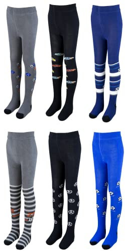T&R Industrees 6 Stück Kinder Strumpfhosen für Jungen | Fußball - Auto Design | 140-152