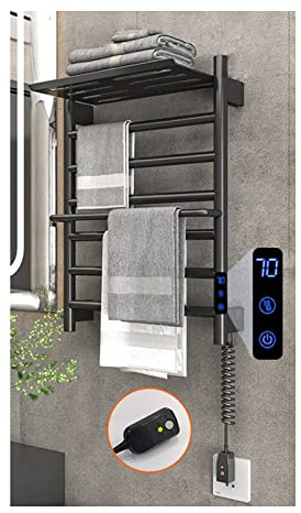 WRJAHCG Termoarredo,Scalda Bagno da Muro Scaldasalviette con Timer 90w Scaldasalviette Elettrico con Termostato Scaldasalviette Elettrico con Ripiano 456mm*600mm*70mm,Nero