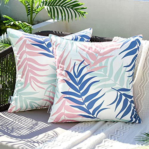MIULEE Outdoor Kissenbezug Wasserdicht Kissen Wasserfest Dekorative Kissenbezüge Blattmuster Sofakissen Zierkissen Dekokissen für Garten Sofa Couch Wohnzimmer Schlafzimmer 2er Set 45x45 cm Blau Rosa