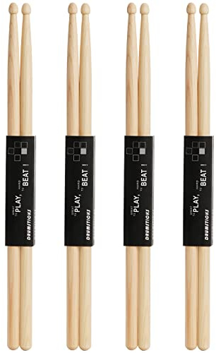 AVLA Lot de 4 paires de baguettes de batterie en hickory 7A, accessoires de percussion pour adultes, jeunes, étudiants, débutants, pointes en bois de gland, prise en main bien équilibrée et
