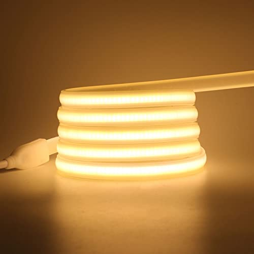 Wisada 220V LED Band 2M, 288 LEDs/m Flexible Hohe Dichte Warmweiß 3000K CRI≥85 FCOB LED Streifen, IP65 Wasserdichte Superhell COB LED Lichtband mit Schaltstecker für Schlafzimmer, Schrankbeleuchtung