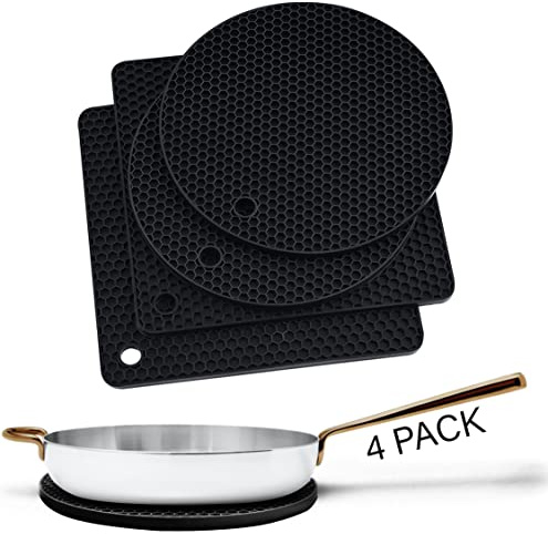 Linda's Essentials Silicone Trivets for Hot Pans and Pots (2 Pack) -Multipurpose Silicone Heat Resistant Mat and Pot Holder Trivet -Heatproof Mats for Kitchen 2 Round 17.7cm + 2 Square 18.5cm-Black