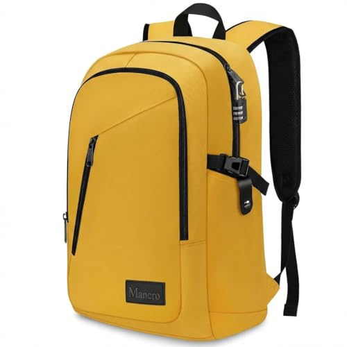 Mancro Anti-Theft Backpack,Lightweight Laptop Backpack 15.6 Inch with Lock,Water Resistant Small Laptop Rucksack for Men Women,Work Bag Gifts for office,Casual School Bag,Yellow