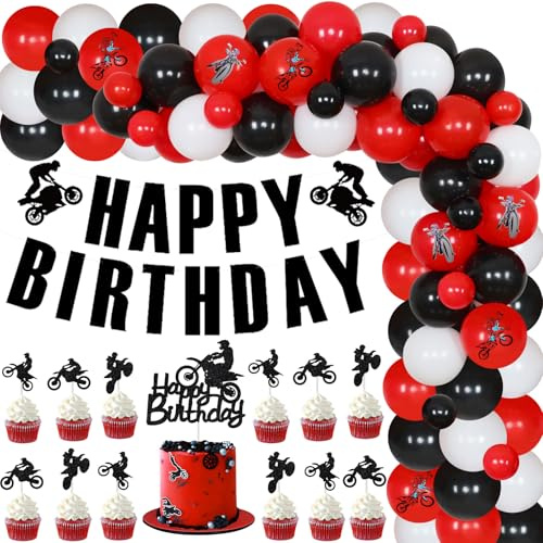 JOYMEMO Dirt Bike Birthday Decorations for Boys - Red Black Balloon Garland Arch Kit with Happy Birthday Banner Cake Topper, Motorcycle Cupcake Toppers for Motocross Theme Party Supplies