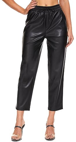 Ginasy Faux Leather Pants for Women High Waist Pleather Jogger Pants Straight Leg Trousers with Pockets Black