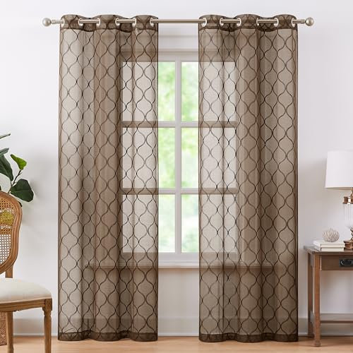 Bujasso Brown Sheer Curtains 84 inch Geometric Embroidered Light Filtering Window Panels for Living Room Bedroom Modern Moroccan Trellis Window Treatment Set Sheer Drapes Grommet Top W38 xL84 x2