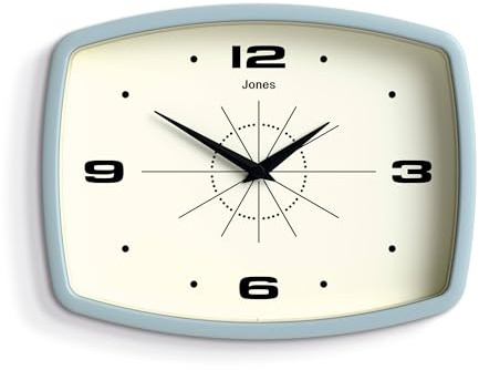 JONES CLOCKS® Movie Wanduhr | Rechteckige Retro-Uhr | 25 cm | Hellblau | Cooler mid-Century-Designer-Look für küche, Wohnzimmer oder büro