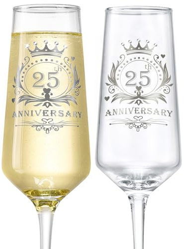 ROXBURGH 25th Wedding Anniversary Champagne Flutes Gifts Set of 2, 25th Anniversary Decorations 7 OZ Crystal Champagne Glasses, Wedding Gifts for Couples, Parents Anniversary, JNCF2 | Rhinestone Decorated Crystal Champagne Glasses, 25 Year Anniversary Decorations, Wedding Present for Husband Wife Couples