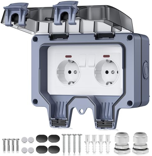 EYPINS Presa Esterno Impermeabile IP66,Presa da Esterno con Interruttore,Presa Elettrica da Muro 2 gang,per Giardino,Garage,Piscina
