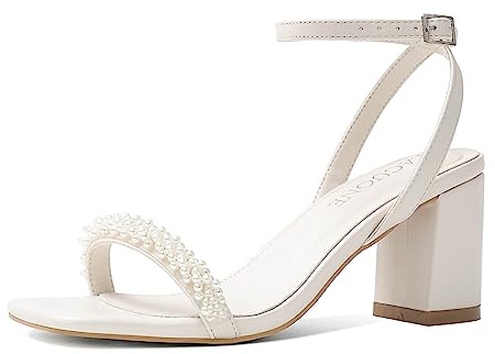 LACUONE Damen Mid Heels Square Toe Chunky Block Heeled Riemchen Knöchel Schnalle Pumps Sandalen, I-Perle Weiß, 41 EU