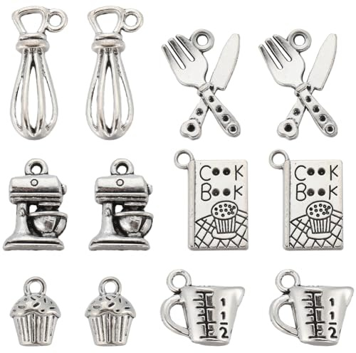 SUNNYCLUE 1 scatola 84 pezzi 6 stili Argento Ciondolo Da Forno Ciondoli Da Cucina Sfusi Torta Mini Libro di Ricette Coltello Tazza di Caffè Ciondolo Da Cucina per Creazione di Gioielli Forniture di Ci