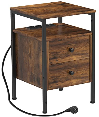 Utlenianie Nachttisch, Beistelltisch mit 2 Schubladen und Ablagefläche, Couchtisch mit Steckdose und USB-Anschlüsse, Nightstand, Nachtschrank für kleine Räume, Wohnzimmer, Schlafzimmer (1)