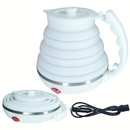 DOFQQG 24V Kettle with Cigarette Lighter Plug, Truck Kettle Collapsible, Truck water Boiler, Food Grade Silicone, Fast Boiling, Auto Shut off and Keep Warm, 450ml (24V, White)