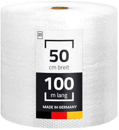LOGIC PACK Luftpolsterfolie Rolle 100m x 50cm, 50my 2-lagig - Bubble Wrap Verpackungsmaterial für Umzug, Versand, Verpackung, Premium Starke Noppenfolie Polstermaterial 100% recycelbar LPF Rolle
