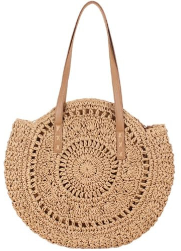 Keuyeo Runde Stroh-Strandtasche, Handgefertigt, Gewebte Umhängetasche, Kreis-Rattan-, Böhmische Sommerurlaub-freizeittaschen