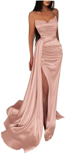 Generisch Schulterfreies Pailletten-Ballkleid Langes Mit Satin-Perlen Verziertes Meerjungfrau-Abendkleid FüR Damen Formelles Partykleid Mit Schlitz Blush XXL