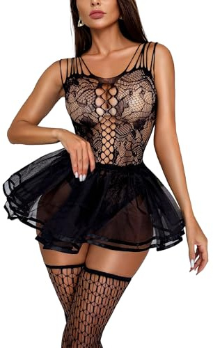 RSLOVE Damunderkläder set - sexiga underkläder babydoll outfit och nätstrumpor, svart, One Size