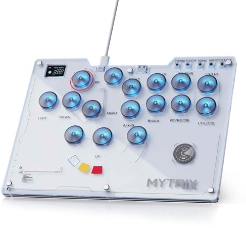 Mytrix Arcade Stick 16 Tasten, hebelloser Controller mit allen Tasten für PS4/PC/PS3/Switch/Steam, mit Turbofunktionen, benutzerdefiniertem RGB-Licht, unterstützt Hot Swap, SOCD, abnehmbare Platte