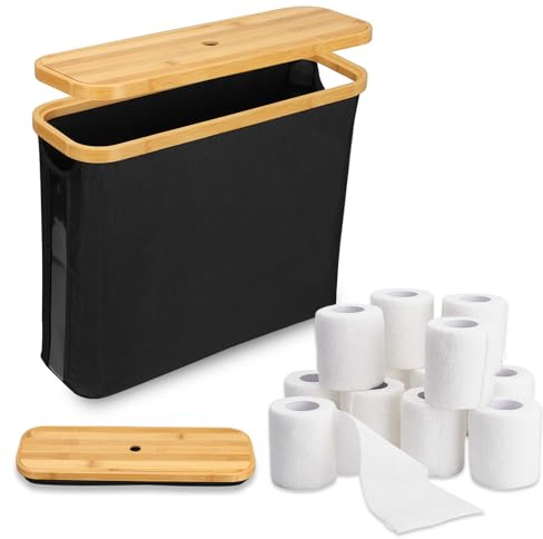 BlyeMichdi 28L Cesta para Papel Higiénico con Tapa de Bambú, Almacenaje Papel higienico para 12 Rollos de Papel, Organizador de Papel Higiénico, Organizador de Baño, 43.5 * 14.5 * 37cm(Negro)