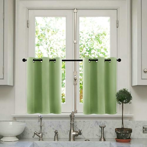 Bishilin Gardinen Kurz Fenster mit Ösen, Grün Vorhänge Blickdicht Uni Küchengardinen Scheibengardine Bistrogardine Modern 2er Set 86x91.5CM