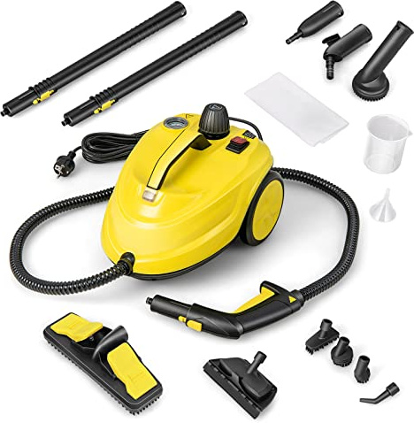 GYMAX Versatile Pulitore a Vapore da 2000W, Macchina per Pulizia, Pulitore a Vapore con Serbatoio da 1,8L con 13 Accessori e Manometri, per Pavimenti Tappeti Tende, Giallo, 36,5x27x24,5 cm