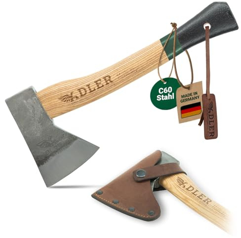 ADLER Campingbeil Handbeil 300g 30 cm C60 Eschenstiel Anfeuerholz Grün | Geschmiedeter Kopf mit doppelter Sicherheitsverkeilung und Gürtel-Lederschutz Made in Germany
