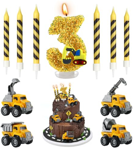 11Pcs Construction 3rd Birthday Cake Decor Set, 3 Candle Truck Cake Toppers | No.3 Candle, Construction theme cake decorations with glitter number 3 digger candle, 6 striped candles and 4 vehicle toppers