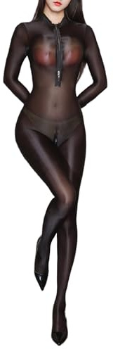 Sinleey Women's Sexy One Piece Lingerie Bodysuit Glossy Shiny Bodystocking No Crotch Front Zipper Jumpsuit