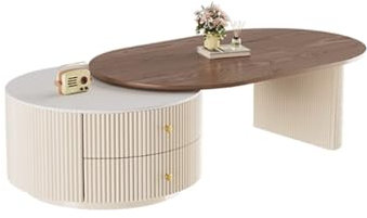 HGTYDV2 Table Basse Extensible Table de comptoir de comptoir à Grains de Noyer Ovale Table d'appoint à extrémité Ronde avec 2 tiroirs de Rangement pour Appartement de la Chambre