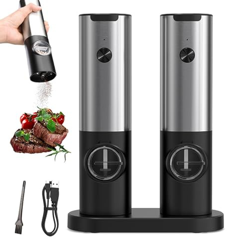 Moorstdel Rechargeable Salt and Pepper Grinder Set, Electric Pepper Grinder Mill with LED Light, Adjustable Coarseness Salt Grinder for Kitchen, BBQ, Electric Grinder Set, Black