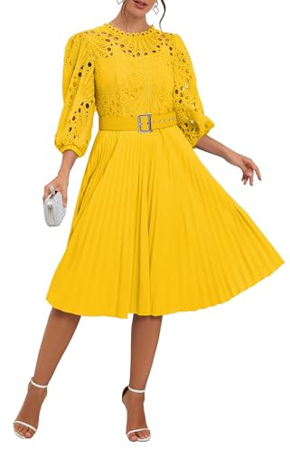 IWFEV Lace Pleated Dress With Puff Sleeves - Midi Length Hollow Party Evening Dress