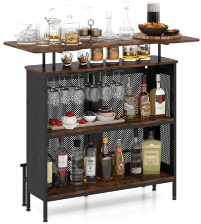 GOPLUS Bartisch, Küchentisch mit Glashalter & Ablagefläche, Bistrotisch mit Metallrahmen & Fußstütze, Tresentisch Hochtisch Bar Theke, (Rustikales Braun)