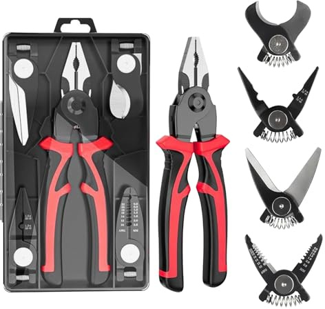 5 en 1 Pelacables Electricista, Cabezales de Herramientas Intercambiables, Cortadores de Cables, Pelacables, Alicates para Crimpar Cables, Tijeras de Hojalatero y Cortadores de Cables (Negro + Rojo)