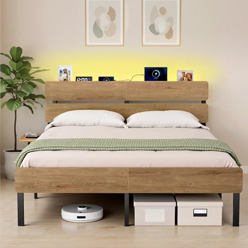 VASAGLE Doppelbettgestell, 160 x 200 cm, LED-Beleuchtung, Metallrahmen | USB-A- und USB-C-Anschluss, Unterbettaufbewahrung, Industrie-Stil, einfache Montage, Naturbraun, BARNET Kollektion RMB105HC01