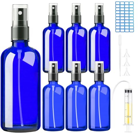 DONQL 6 Stück 100ml Sprühflaschen aus Glas Mit Zerstäuber (Blaue) | Flüssigkeitssprühflasche Spray Flaschen Mit Feinem Nebel für Reiseflüssigkeit Kosmetik