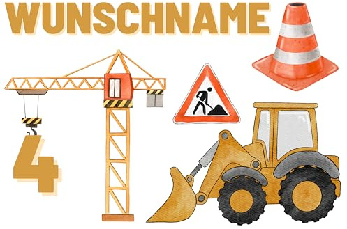 Personalisiertes Bügelbild Set für Textilien,Geburtstag,Wunschname,Wunschzahl,personalisiert,Kinder,Baustelle, Bagger,Kran,Baustellenfahrzeug,T-Shirts,DIY-Projekte,Geschenke,1,2,3,4,5,6,7,8,9,10...