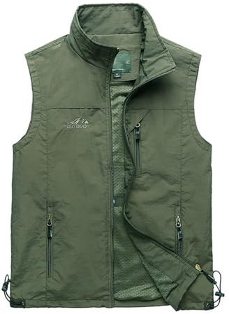Foweknow Chaleco de verano para hombre, ligero, chaleco de trabajo, verano, fino, con bolsillos con cremallera, cuello alto, chaleco funcional transpirable, para camping, fotografía, verde, M