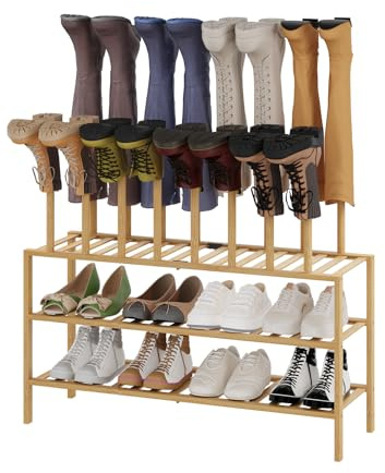 Vellzeyce Boot Rack for Tall Boots Organizer,3-Tier Multiuse Shoe Rack and Boot Storage Rack,for Tall Boots,Sneakers,High-Heel (Natrual, 3-Tier-Long)