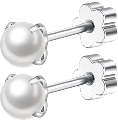 Mochity Örhängen Med Pärlor För Kvinnor, Örhängen i Allergivänligt 316L-Rostfritt Stål, 4 Mm Pärlor, Öronpiercing För Brosk Och Helix, Silver (C, silver, 4 mm)