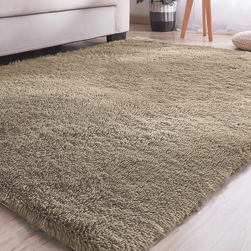 Fluffig Matta Med 200 x 270 cm Halkfri Mjuk Modern Tjock Plyschmatta Tvättbar för Vardagsrum, Heminredning, kamel