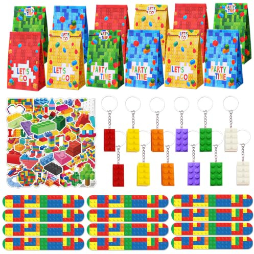 Yhjxly 86 Stück Bausteine Party Mitgebsel – Schlüsselanhänger Schnapparmband Aufkleber Partytüten für Kindergeburtstag DIY Blöcken Themen Party