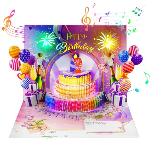 Geburtstagskarte mit Musik und Licht - 3D Pop-Up Geburtstagskarte „Happy Birthday“, kreative Geburtstagskarte als Geschenk für Frauen, Männer, Kinder & Freundin