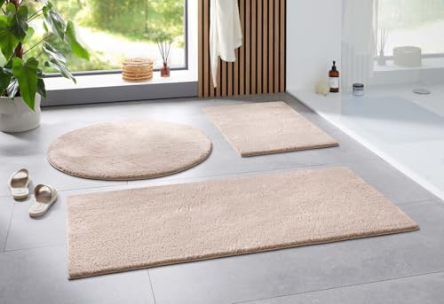 Taracarpet Badematte Uni Boho rutschfest, waschbar, Badezimmer-Teppich, Bad-Vorleger, WC Deko, Duschvorleger für Dusche und Badewannen weich und als Set kombinierbar New Beige 050x080 cm