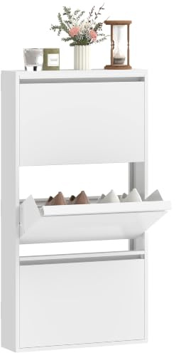 HOMCOM Schuhschrank Metall mit 3 Klappen Schmal 55 x 15 x 105,5 cm Weiß | Schuhkipper, Schuhkommode, Schuhregal, Schuhablage, Wandmontage, für 8 Paar Schuhe
