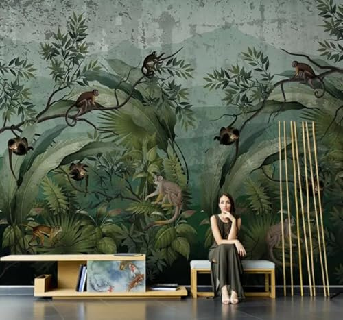 Singe Vert Rétro De La Forêt Papier Peint 3D Installation Facile Intissé Tapisserie Bureau Salon Canapé Chambre Décoration Murale-250cm×170cm