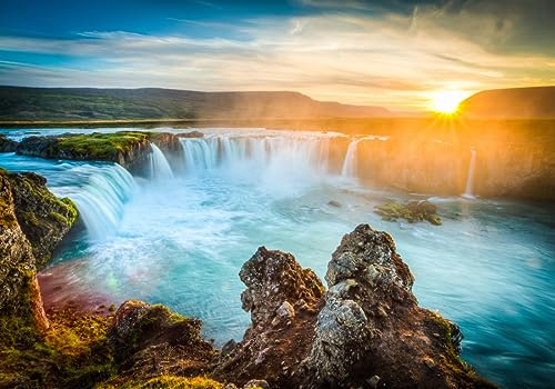 LYSCO XXL Poster 100 x 70cm (S-836) Imposante Godafoss Wasserfälle in Island im Sonnenuntergang (Lieferung gerollt!)