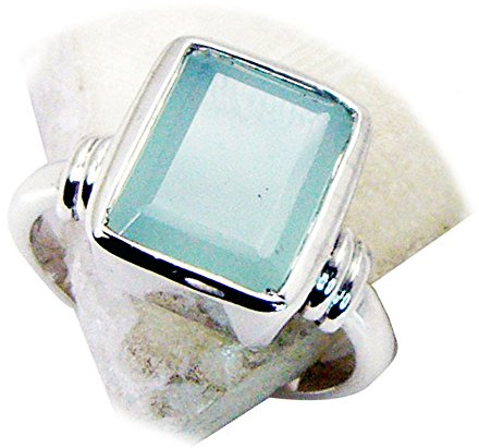 CaratYogi Silber Natürlicher Aqua Chalcedon Ring Smaragd-Cut Handmade Lünette Stil Runde Form Größe 69 (22.0)