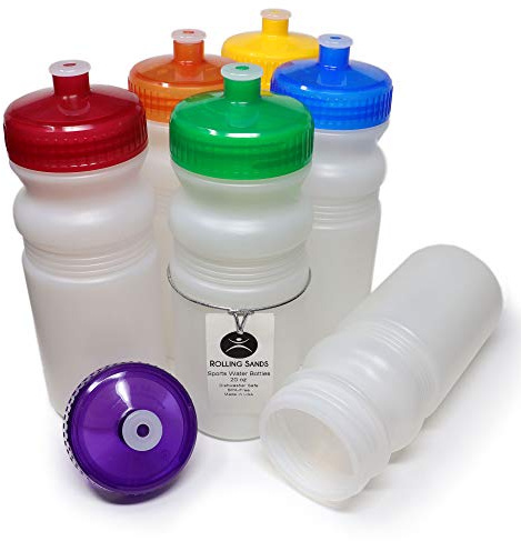 Rolling Sands USA Made 20 Ounce Sports Water Bottles - 6-Pack BPA-Free Blank Sports Bottles for Small Teams, Adults & Kids - Clear Frost Bottle/Rainbow Lid, No Smell No Taste