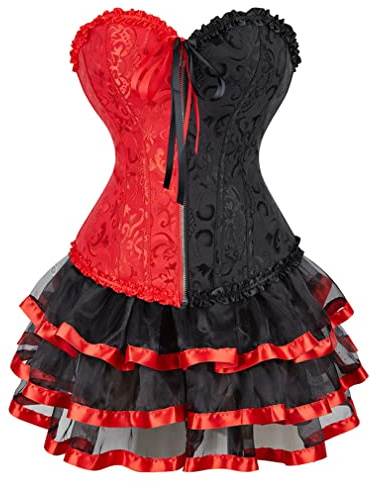 Grebrafan Embroidered Boned Corset with Mini Short Skirts 4XL Black red